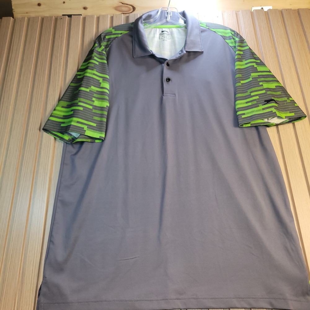 Slazenger Golf Polo Mens Large Gray Lime Green Geometric Short Sleeve Shirt L